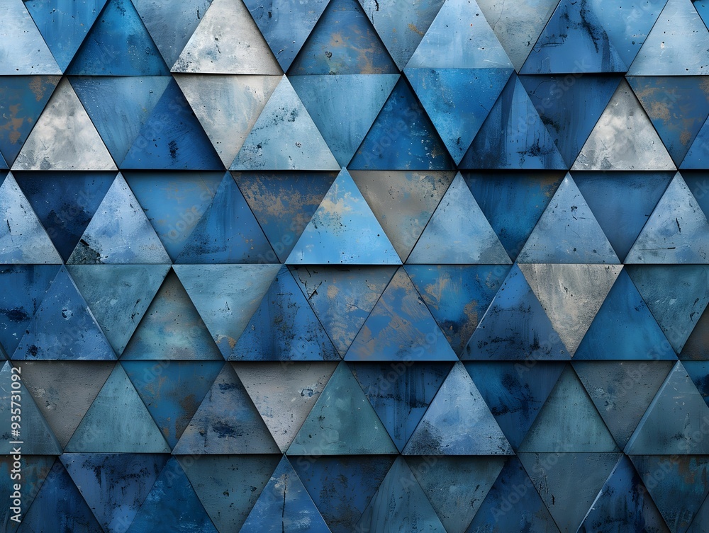 Poster geometric pattern of blue triangular tiles creating a textured wall aesthetic in modern architecture