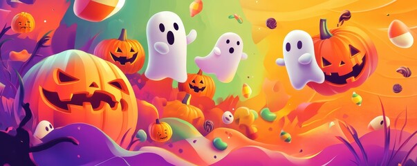 Fototapeta premium Bold Halloween Flash Sale Banner with Colorful Pumpkins and Ghosts