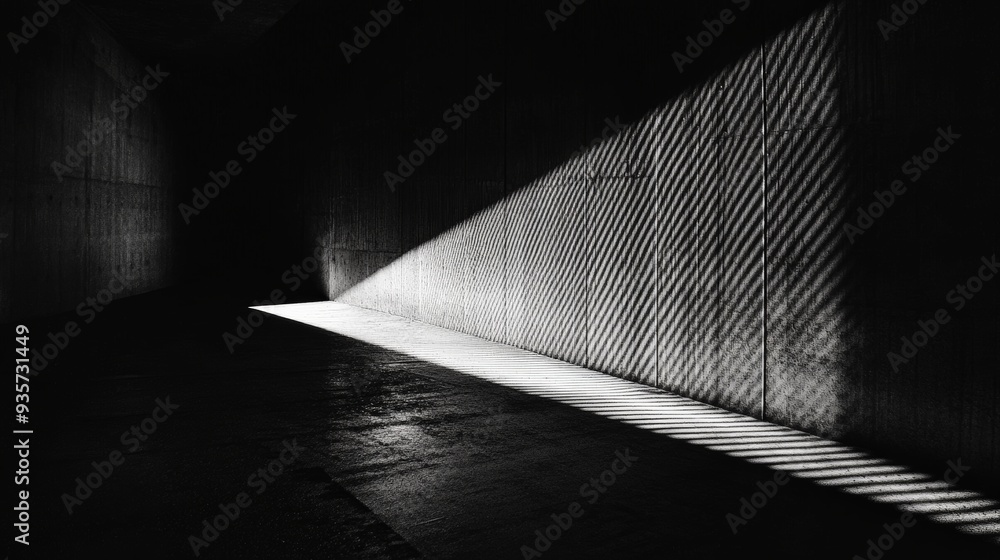 Aufkleber The darkness of a concrete room is interrupted by a singular diagonal beam of sunlight creating striking shadow patterns, emphasizing the play between light and form.