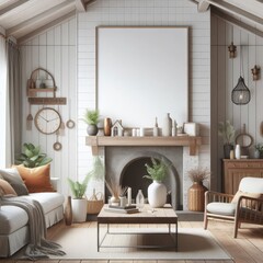 Mockup frame in farmhouse living room interior, 3d render
