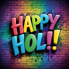 Bright "Happy Holi" lettering against a textured brick wall, capturing the joyful spirit of the Holi festival.