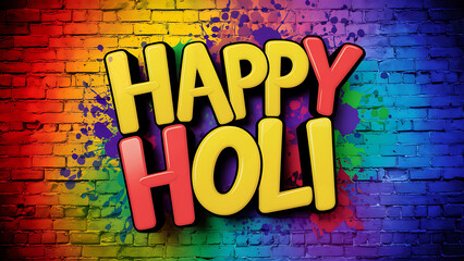 "Happy Holi" in vivid hues on a brick wall background, representing the festive atmosphere of Holi celebrations.