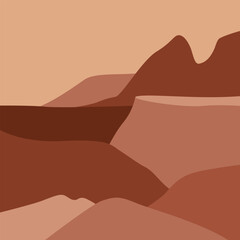 A minimalist, abstract landscape illustration in a contemporary art style, hand-drawn with nature scenery in terracotta tones