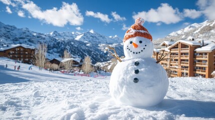Obraz premium A cheerful snowman with an orange hat stands in front of a charming mountain resort, conveying a playful and joyful atmosphere within a scenic winter landscape.