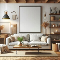 Mockup frame in farmhouse living room interior, 3d render
