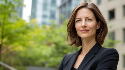 Naklejka premium A woman in a black blazer smiles confidently in front of an urban background.
