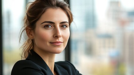Fototapeta premium Close-up portrait of a young woman with brown hair smiling in front of a window.