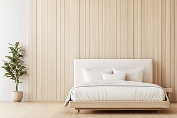 A modern bedroom with a white blank wall, decorative lamps, and cozy bedding. A 3D model rendering of an interior mockup.