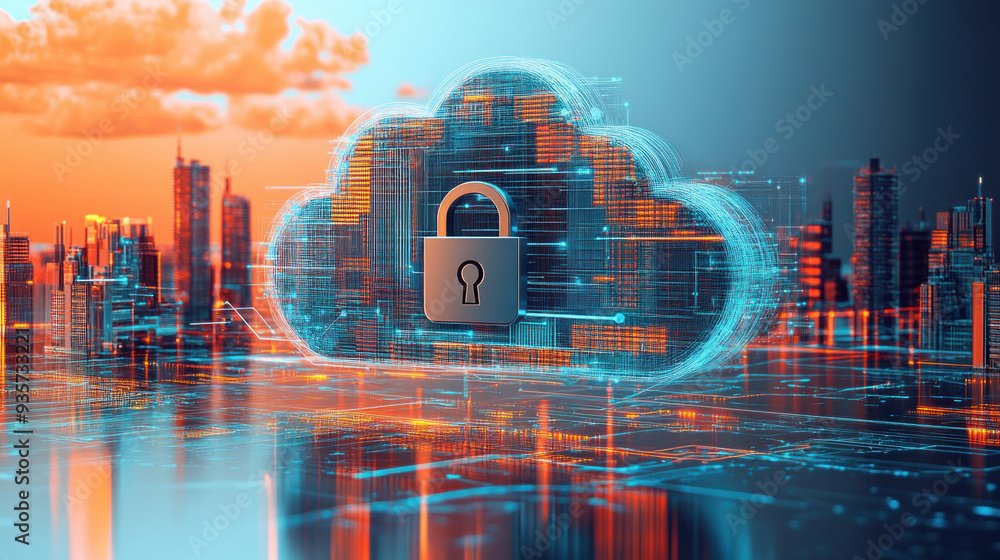 Aufkleber cloud computing security concept with a padlock protecting data in the cloud above a futuristic city
