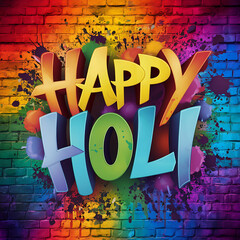Brightly colored "Happy Holi" lettering against a rustic brick wall, symbolizing joy and festivity.