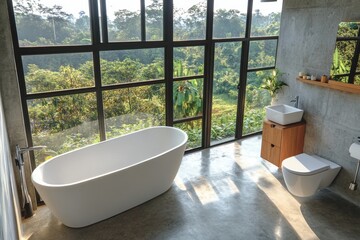 Fototapeta premium An interior view of a hotel bathroom with a bathtub, toilet, and a panoramic window can be seen at the top