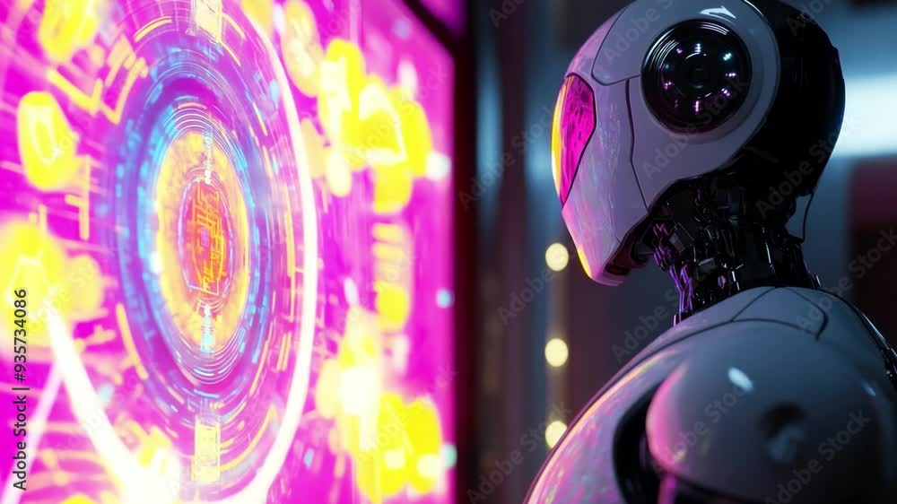 Poster a humanoid robot observes a colorful digital screen featuring intricate designs and symbols in a mod