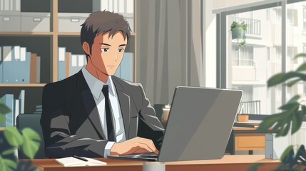 A professional businessman in an anime style diligently works on a laptop in a bright office filled with greenery