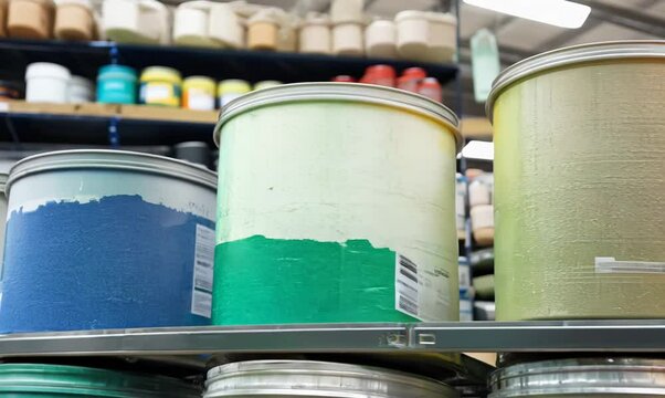 Vibrant Display of Paint Cans in Home Improvement Store