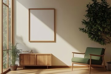 Mockup frame of cozy chill room with couch and dresser near panoramic window