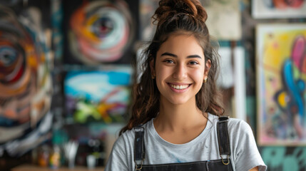 Obraz premium Young artist smiling confidently in an art studio filled with colorful paintings and creative tools