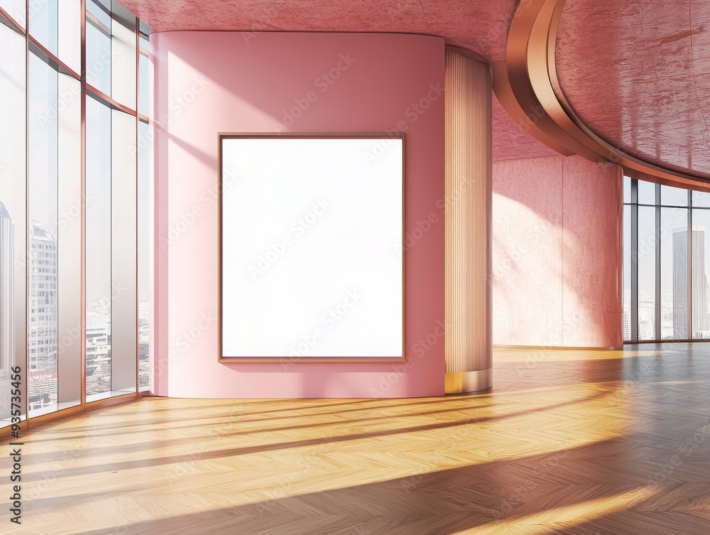 Poster there is a large blank billboard on the wall and floor-to-ceiling windows on the side of this modern