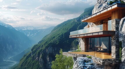 Cliffside house, wooden balconies, stone walls, overlooking mountains, remote architecture, loop concept, elevated, panoramic view, rugged terrain, natural setting, rustic charm, scenic, secluded, des
