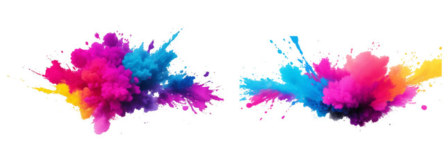Multicolor powder explosion on White background. Colored cloud. Colorful dust explode. Paint Holi. colorful rainbow Holi paint color powder explosion with bright colors isolated white background.	