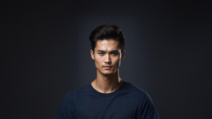 Fototapeta premium Stunning male model with flawless skin and natural beauty. Brunette with neat hair, gazing confidently at camera. Studio shot, perfect for skincare and cosmetic campaigns