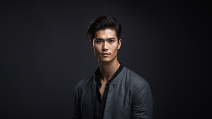 Obraz premium Stunning male model with flawless skin and natural beauty. Brunette with neat hair, gazing confidently at camera. Studio shot, perfect for skincare and cosmetic campaigns