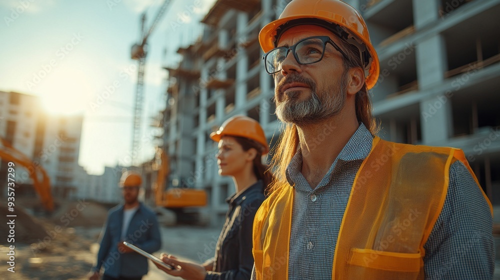 Poster a group of construction professionals stands at a building site, observing their project during suns
