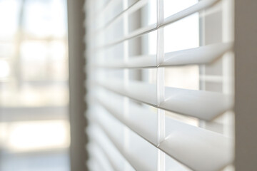 Close up white wooden blinds installed on a window in a modern room