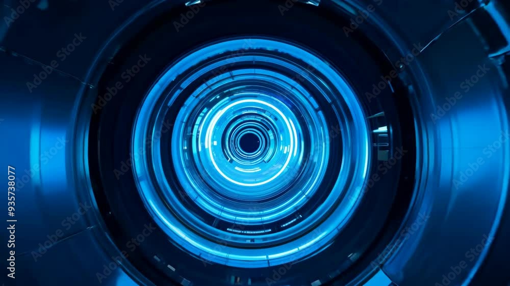 Poster Exploring a futuristic blue tunnel with glowing circular patterns at a high-tech facility