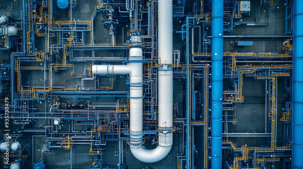 Poster a blue and yellow pipe system with a yellow pipe in the middle. the pipes are connected to each othe