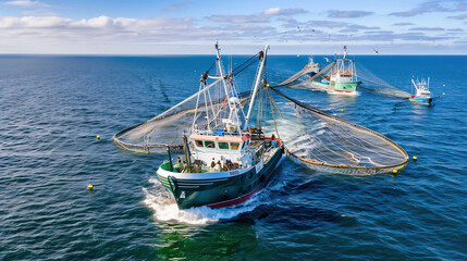 Aerial view of a massive fishing fleet working together, with multiple boats deploying large nets in a coordinated effort