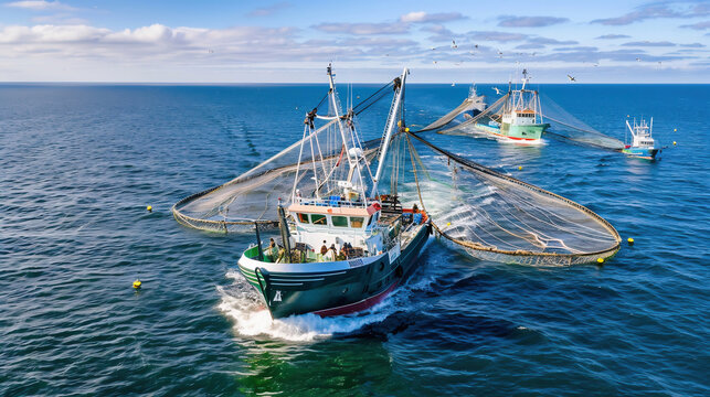 Aerial view of a massive fishing fleet working together, with multiple boats deploying large nets in a coordinated effort