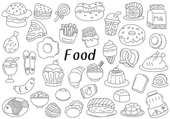 Set of food black and white line drawing elements vector illustration