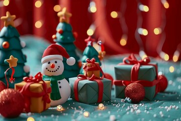Gift boxs on Christmas with snowman and some decoration on Blurred bokeh light background,