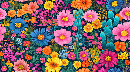 A seamless pattern with vibrant retro flowers and cactus - Power flower background.