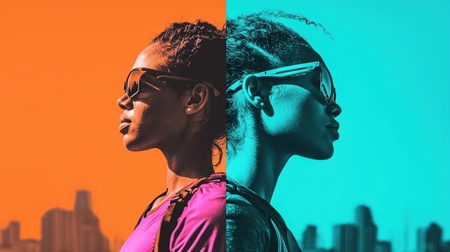 Divided into two bold color blocks, this banner displays a vivid orange on the left and a dark blue on the right, featuring an overlay of a person running in an outdoor environment.