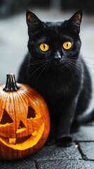 A striking black cat with bright yellow eyes sits beside a carved pumpkin, perfect for Halloween-themed visuals.