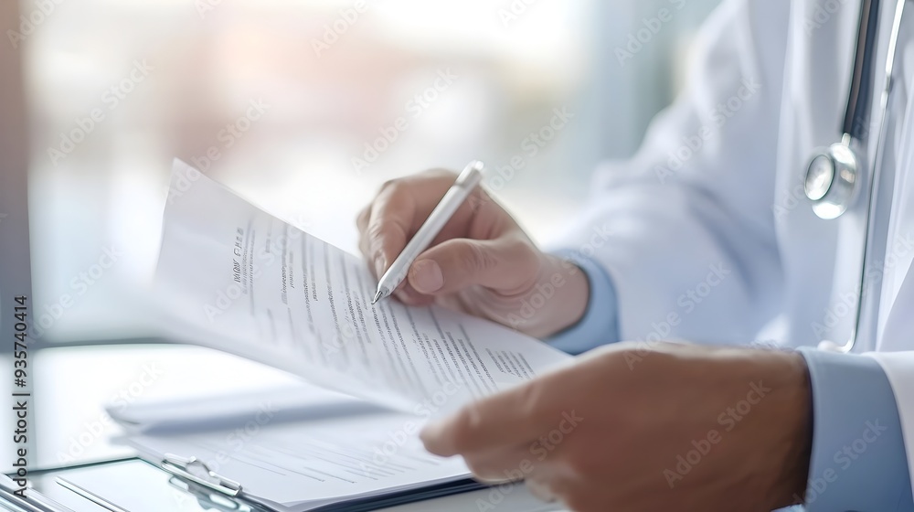 Aufkleber doctor s hands carefully reviewing a flu diagnostic report with an empty space on the side for text 