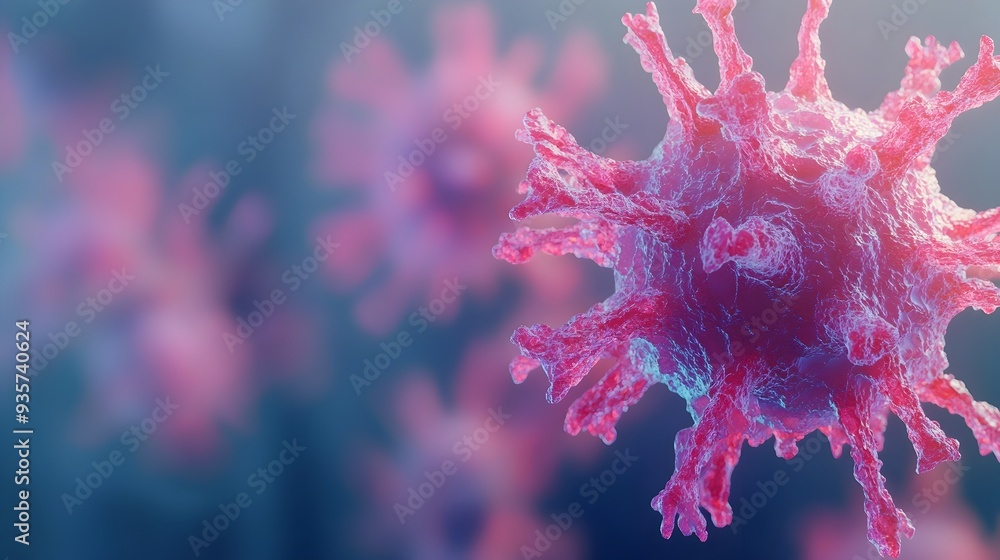 Poster digital rendering of a mutating flu virus with a clean minimalist background and ample room for copy