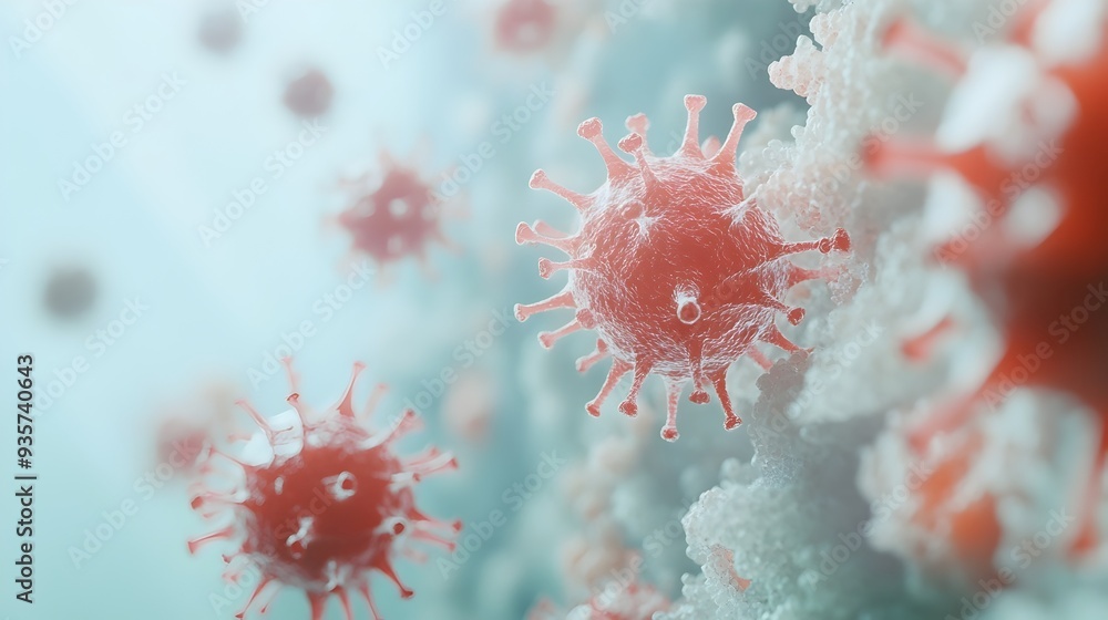 Poster futuristic and clean digital depicting the microscopic mutation of a flu virus this conceptual image