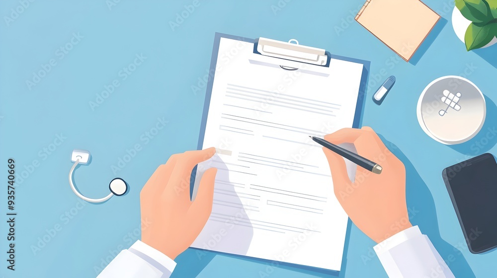 Aufkleber doctor s hands reviewing a flu diagnostic report with empty space on one side for additional text or