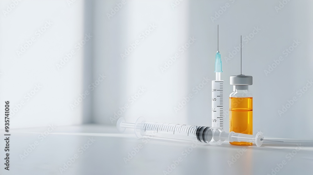 Aufkleber minimalistic medical background with a flu vaccine vial and syringe placed on a sterile white surfac