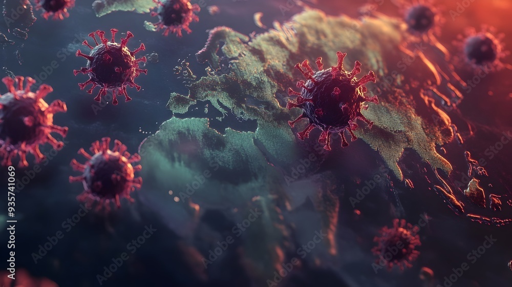 Poster digital depicting the spread of the flu virus across a world map with ample copyspace available to t