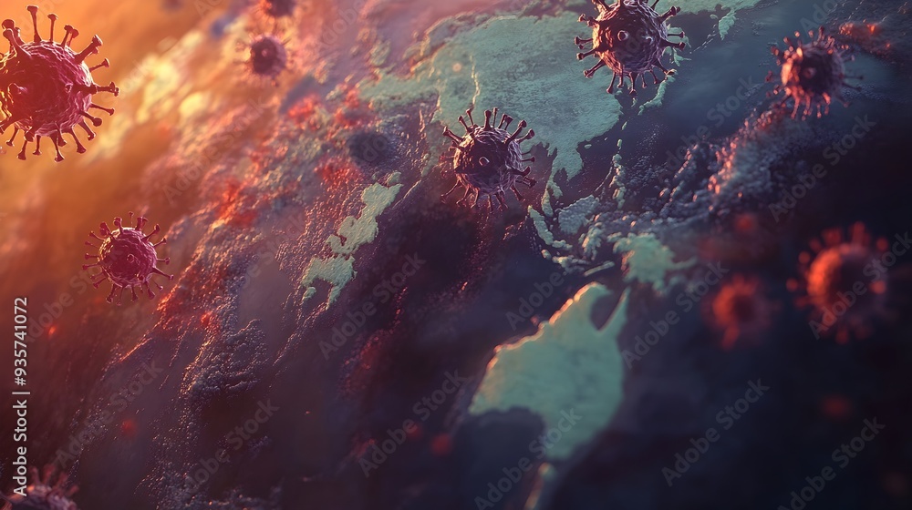 Poster digital depicting the widespread impact of a flu virus spreading across a global map with ample copy