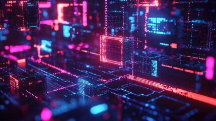 Obraz premium Abstract glowing neon city landscape with pink and blue lights.