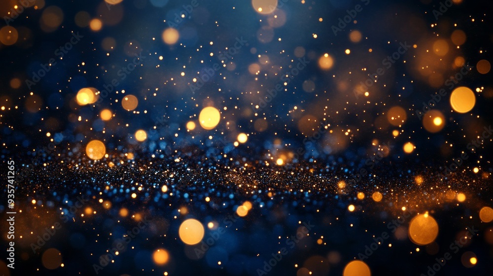 Poster a mesmerizing array of sparkling golden and blue lights dance against a dark backdrop, evoking a sen