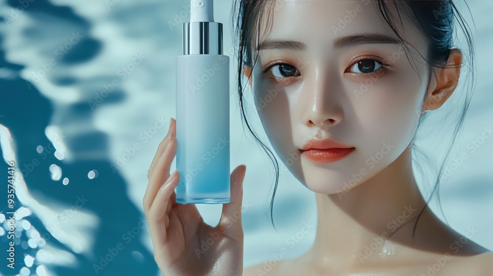 Poster A young woman with wet hair holds a blue bottle of skincare product in front of a blue and white blurred background.