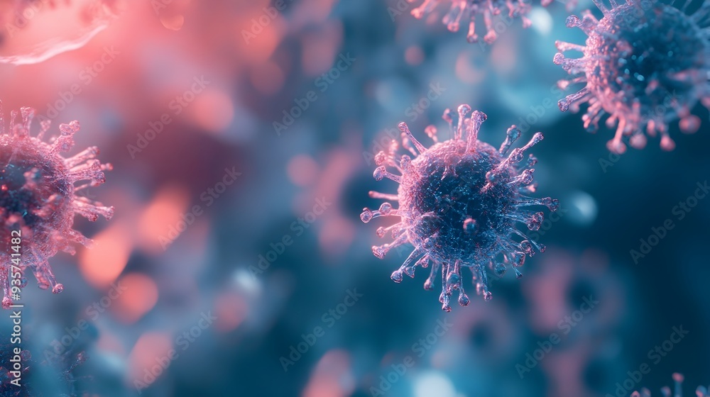 Poster highly detailed and clinical image of magnified influenza virus particles captured under a microscop