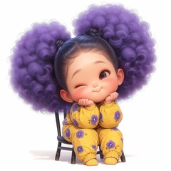 Fototapeta premium Cute 3D character of a girl with purple afro puffs winking in yellow floral pajamas.