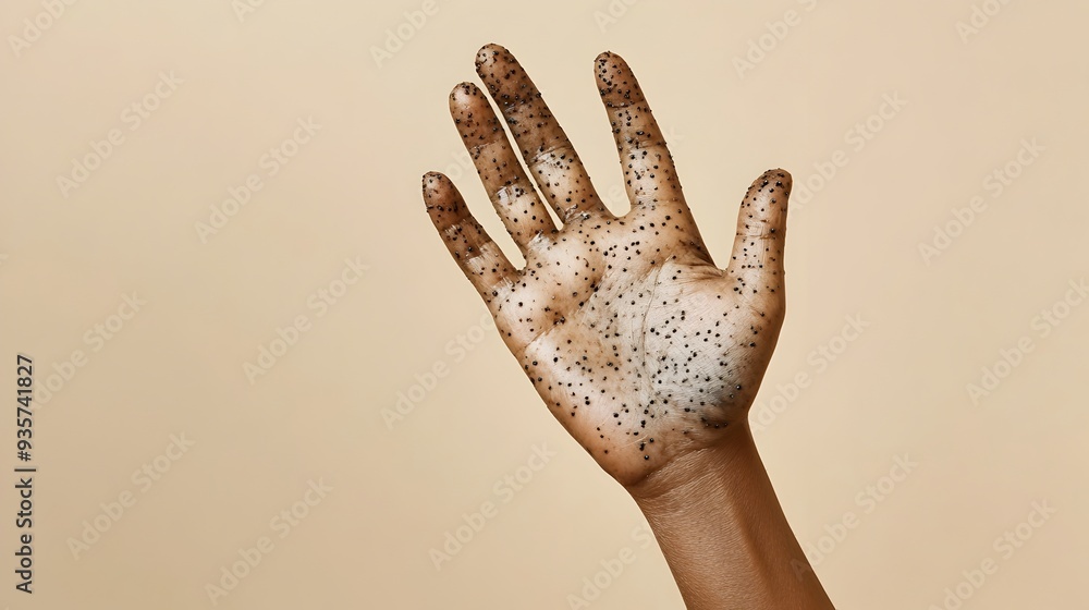 Poster close up image of a hand displaying characteristic monkeypox skin lesions and rashes against a neutr