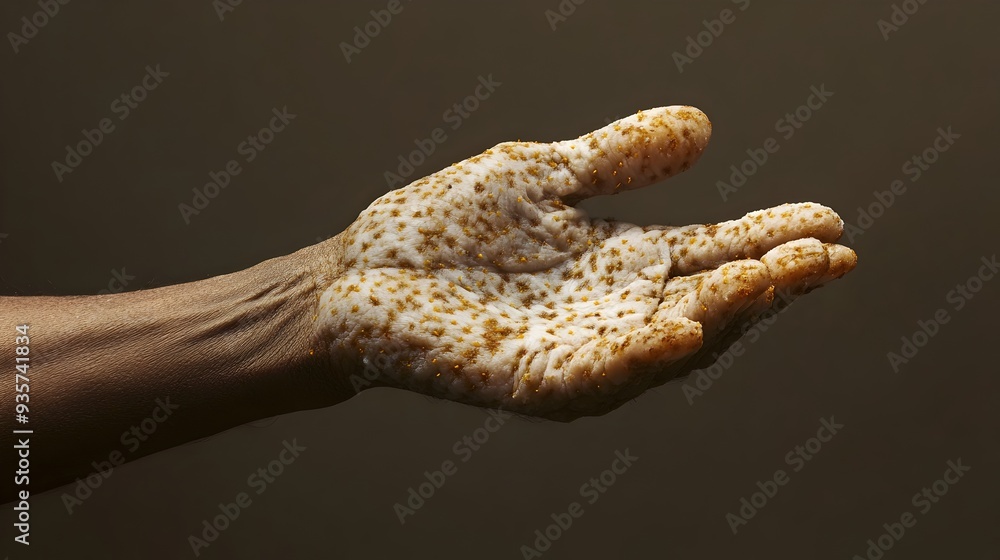 Poster close up image of a hand displaying the characteristic skin lesions associated with monkeypox virus 